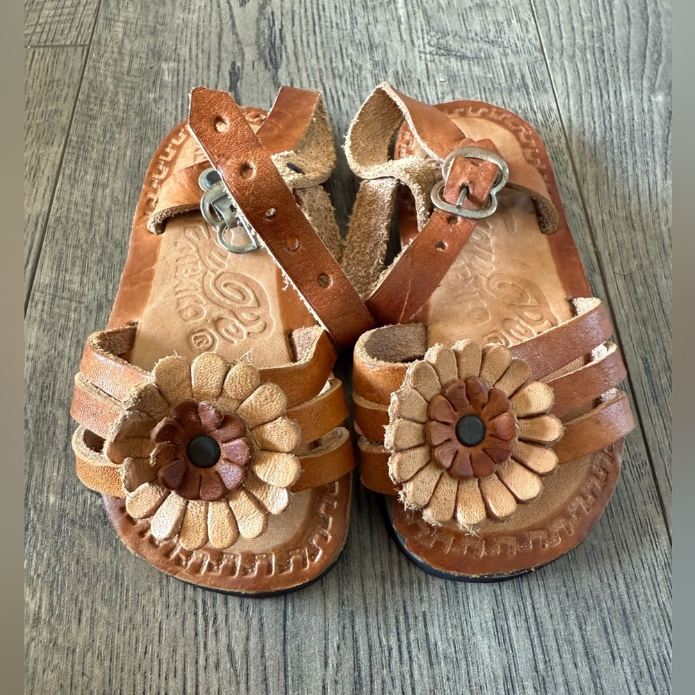 Kids Brown Leather Sandals with Flower Design